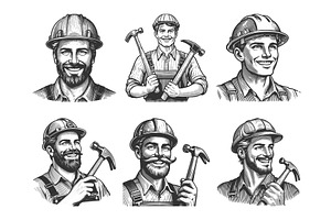 Construction Worker engraving vector, a Person Illustration by AlexArt