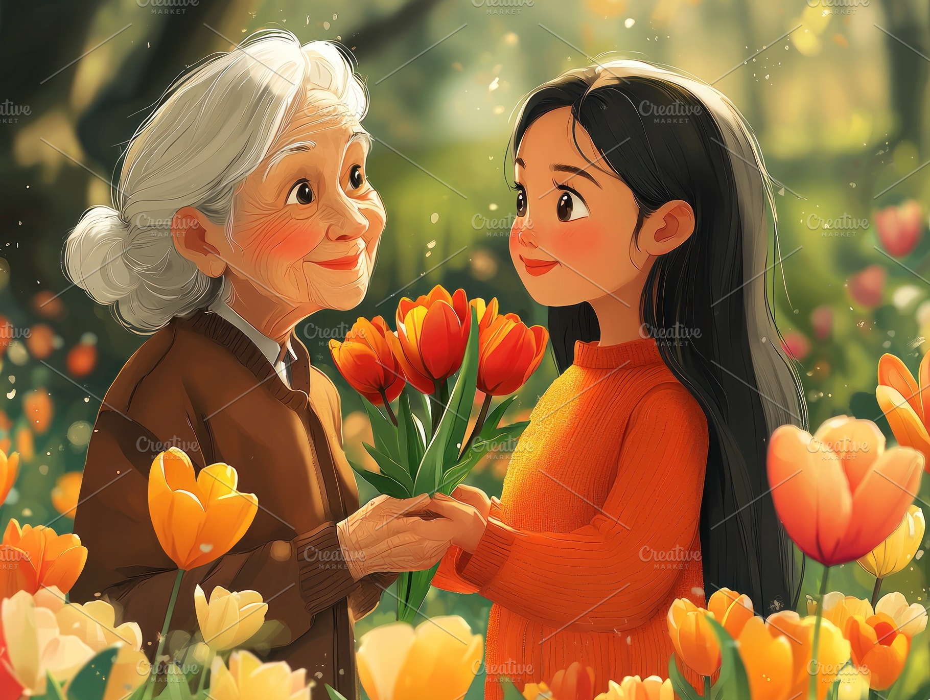 Granddaughter giving bouquet of red tulips to smiling grandmothe, a Person Photo by José Manuel Gelpi