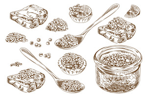Caviar heaps, on spoon and in glass, a Food Illustration by Sabelskaya