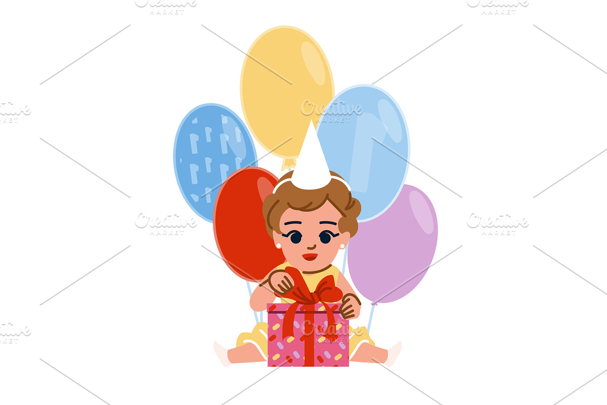 Baby girl opening birthday gift, an Object Illustration by pikepicture