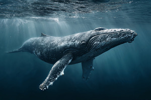 Humpback whale swims gracefully underwater in ocean depths, an Animal Photo by OSORIOartist