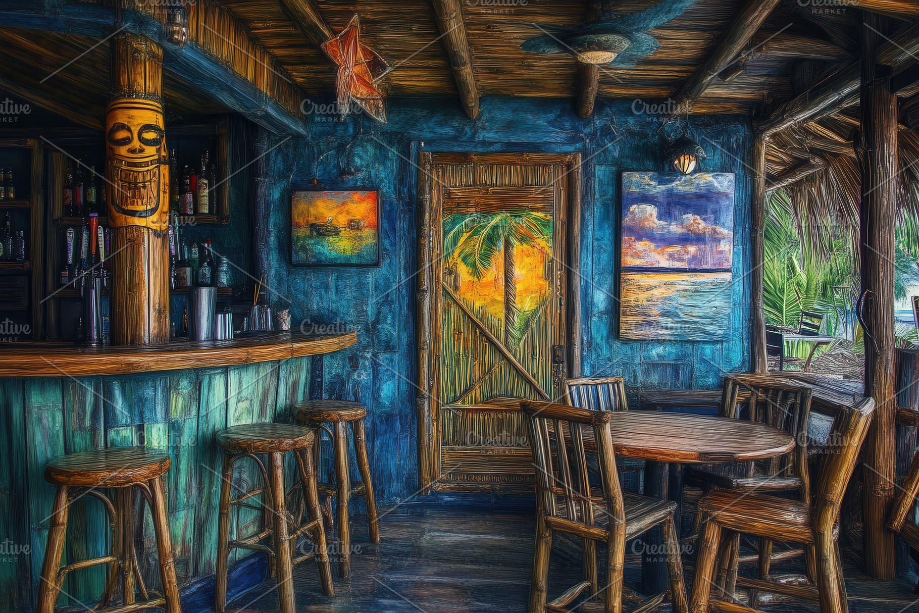 Island bar with tropical tiki drinks, a Photo by Pavel_design