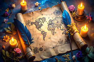 Ancient parchment map glowing with candles and blue feathers, a Holiday Photo by GoodGoods