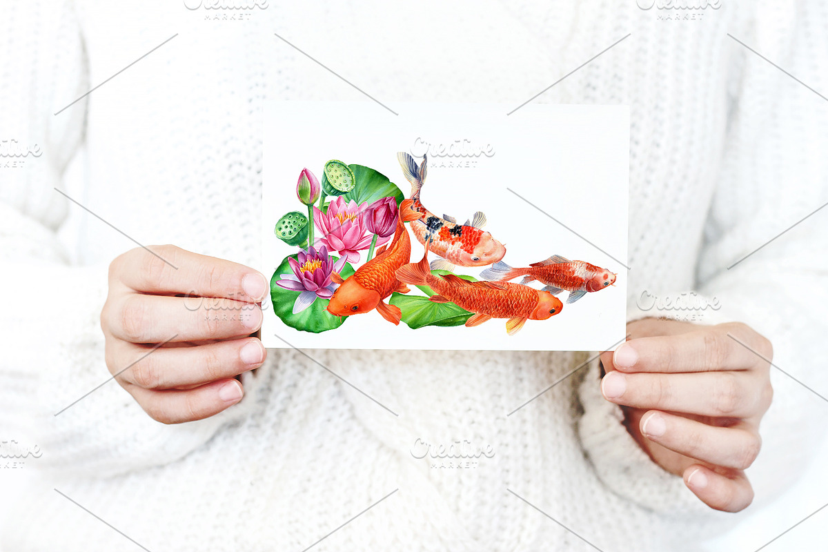 Lotus flowers and koi fish, an Animal Illustration by Hanna Hryharenka (Photo 3 of 13)
