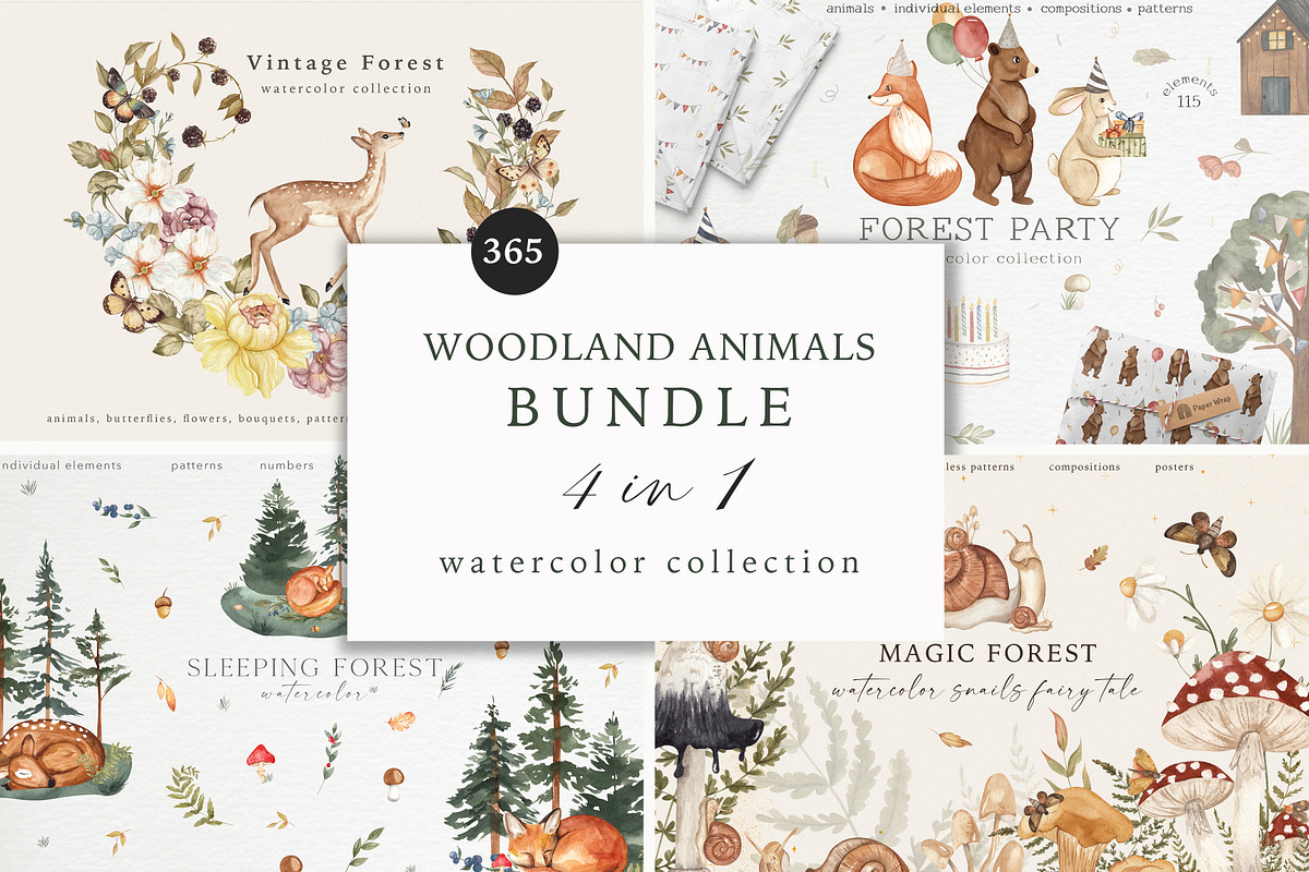 Woodland Animals Bundle - Watercolor, an Animal Illustration by Ooh Lily (Photo 1 of 5)