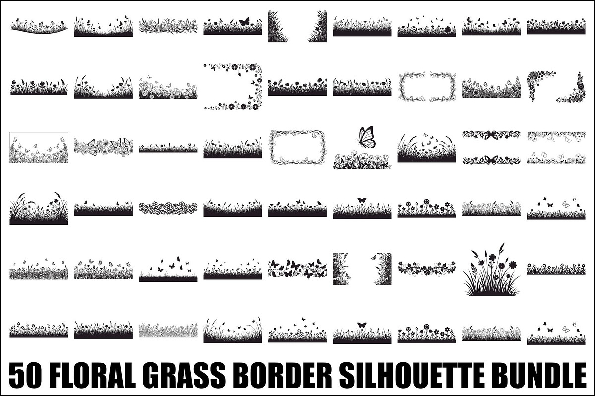 Floral Grass Border Silhouette Bundl, an Illustration by Amazin_art (Photo 1 of 51)