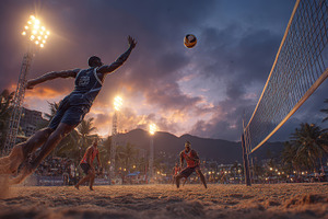 Beach Volleyball Player Spiking Suns, a Photo by Pixeness Studio