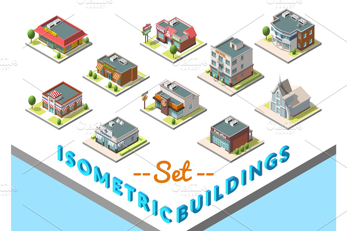 Vector isometric buildings set. Isolated on white background, an Object ...