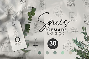 Spices. 30 Premade logos & branches