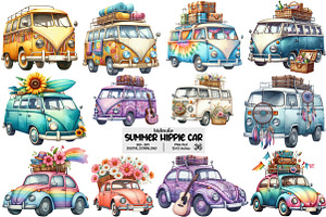 Hippie Car for Summer Watercolor PNG, an Illustration by Pixels.Craft