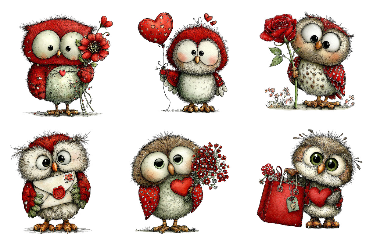 Whimsical Valentine's Owls Clipart, an Illustration by Dream Creation (Photo 5 of 6)