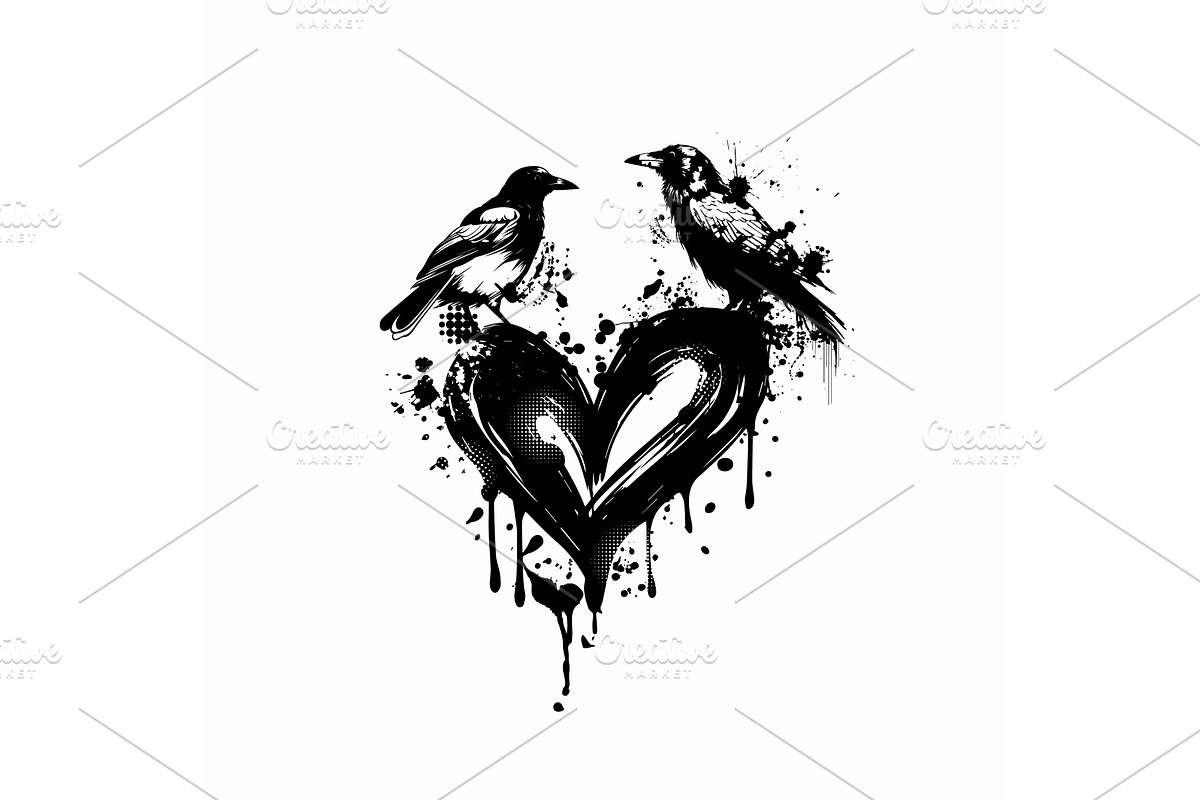 Crows on a black gothic heart. Not, an Animal Illustration by Nenahliadava Design