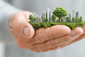 A Caring Hand Holds a Tiny Green City: Eco Urban Landscape in Miniature, an Illustration by AS photostudio