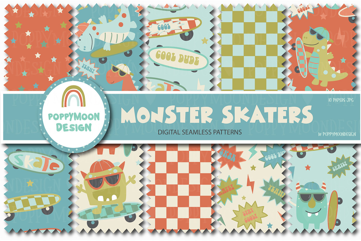 Monster skaters clipart & patterns, an Illustration by Poppymoondesign (Photo 2 of 5)