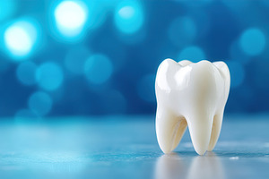 Big white tooth model on blue background, a Photo by AlyaAnd