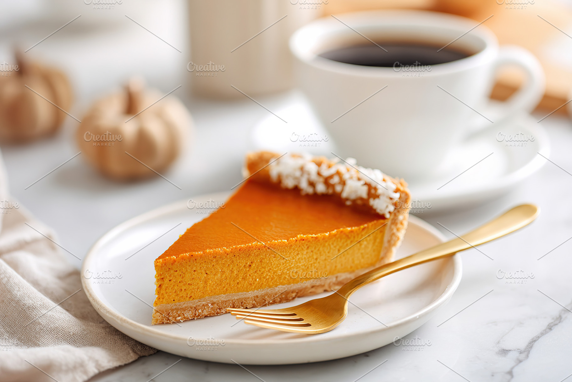 Slice of pumpkin pie with coffee, a Food & Drink Photo by AlyaAnd