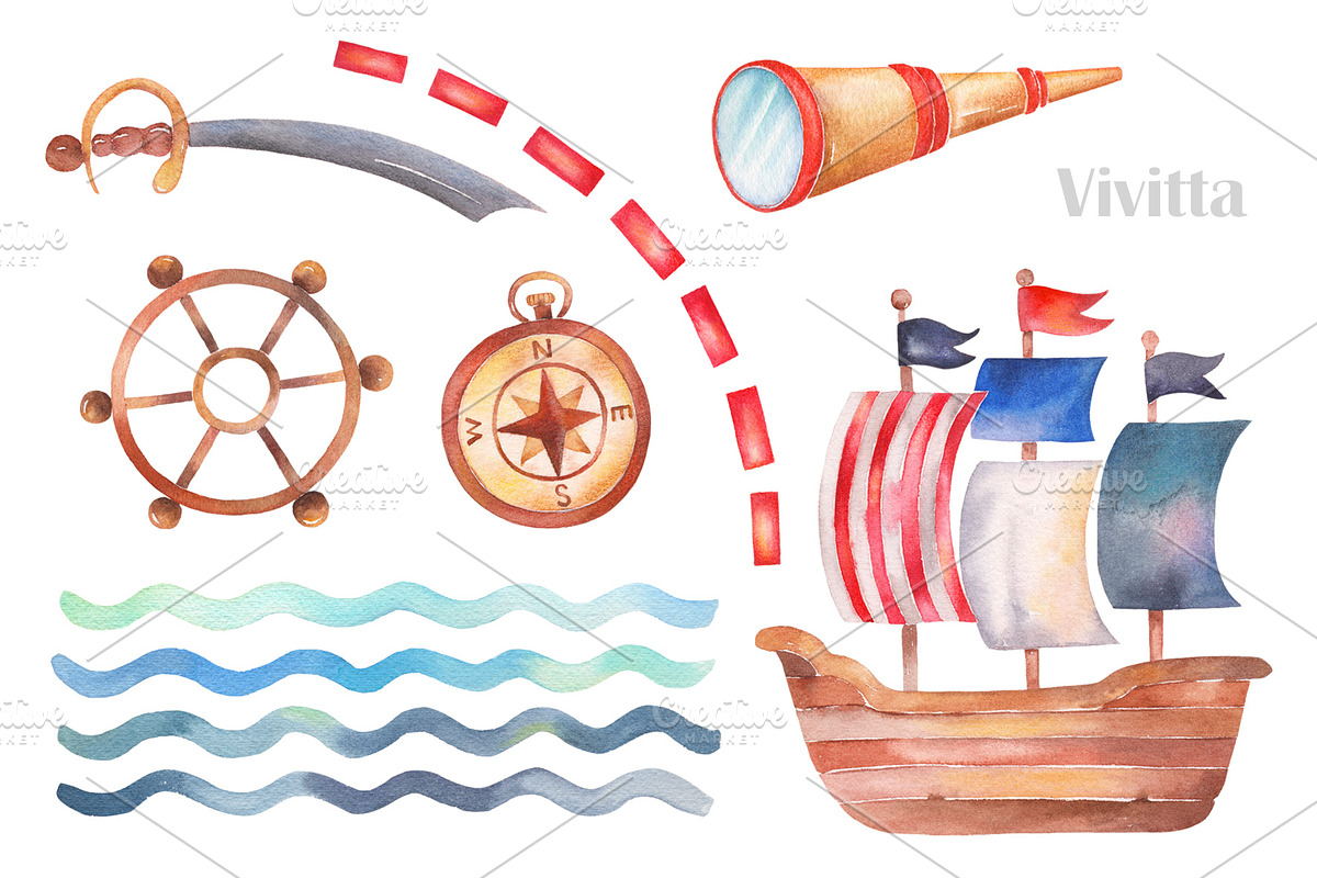 Pirates Party watercolor clipart set, an Illustration by Vivitta (Photo 3 of 5)