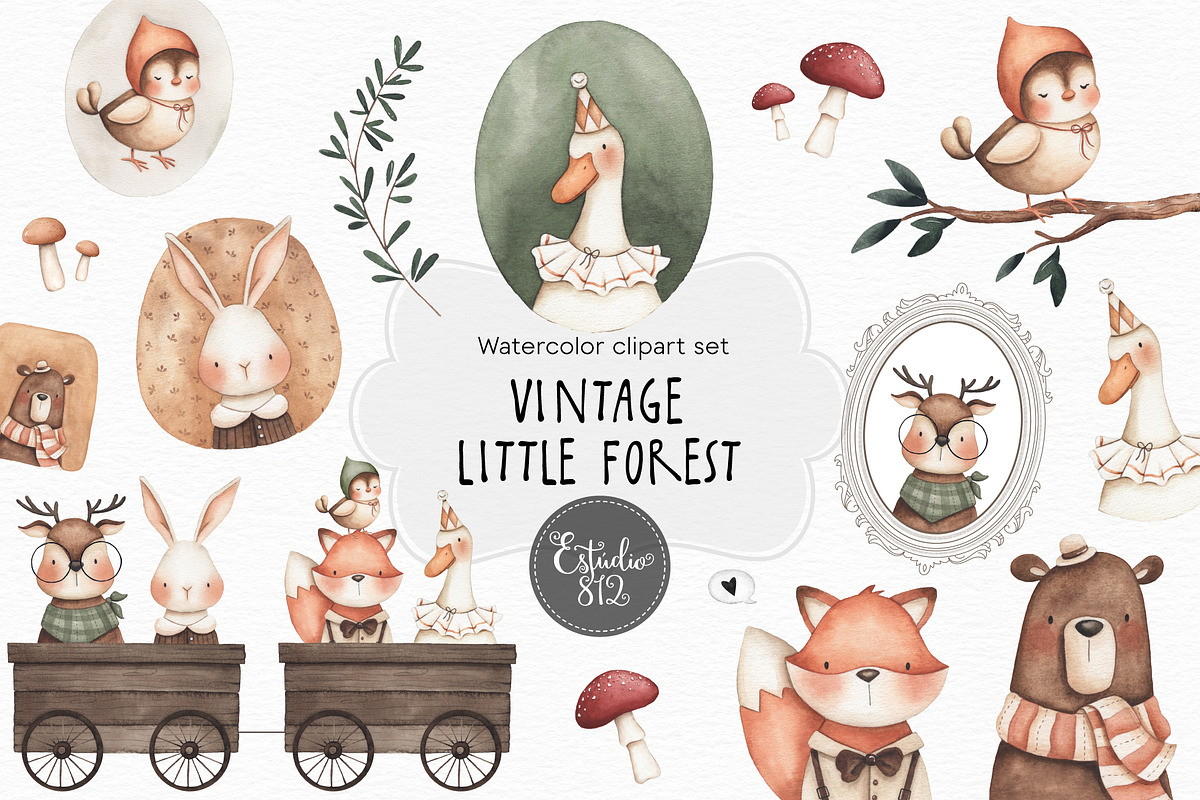 Vintage Little Forest watercolor set, an Animal Illustration by Estudio 812 (Photo 1 of 8)
