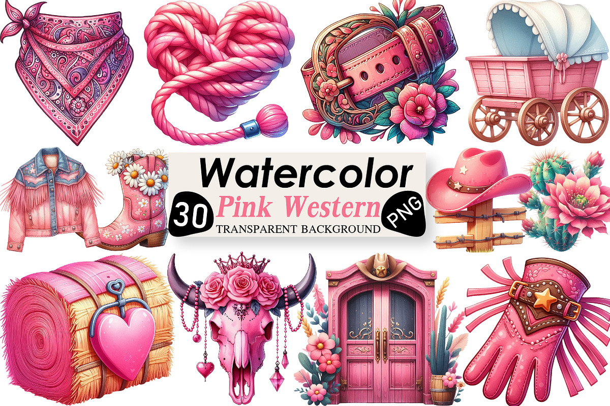 Pink Vintage Western Clipart, an Illustration by Black Bird Studio (Photo 1 of 6)