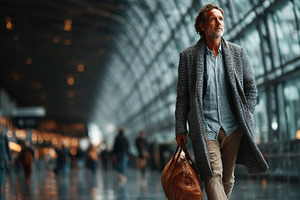 Traveling professional walks through a modern airport with a leather bag and co, a Photo by AS photostudio