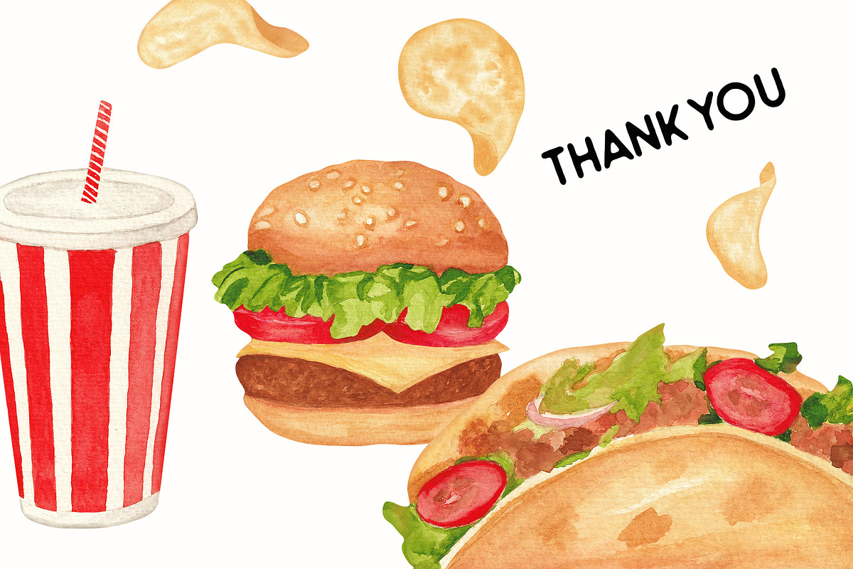 Fast Food Watercolor Clipart Set, a Food Illustration by Sunshine Art (Photo 9 of 9)