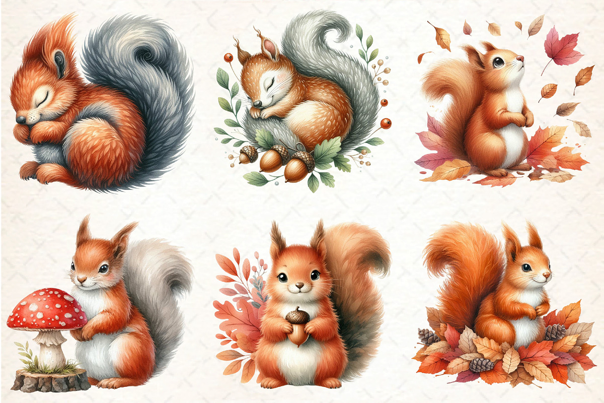 Watercolor Autumn Squirrel Clipart, an Illustration by DreamCafeArt (Photo 4 of 9)