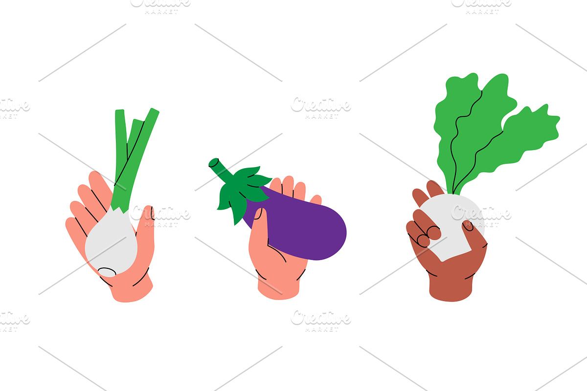 Set of hands holding fresh, a Food Illustration by GraphiShop