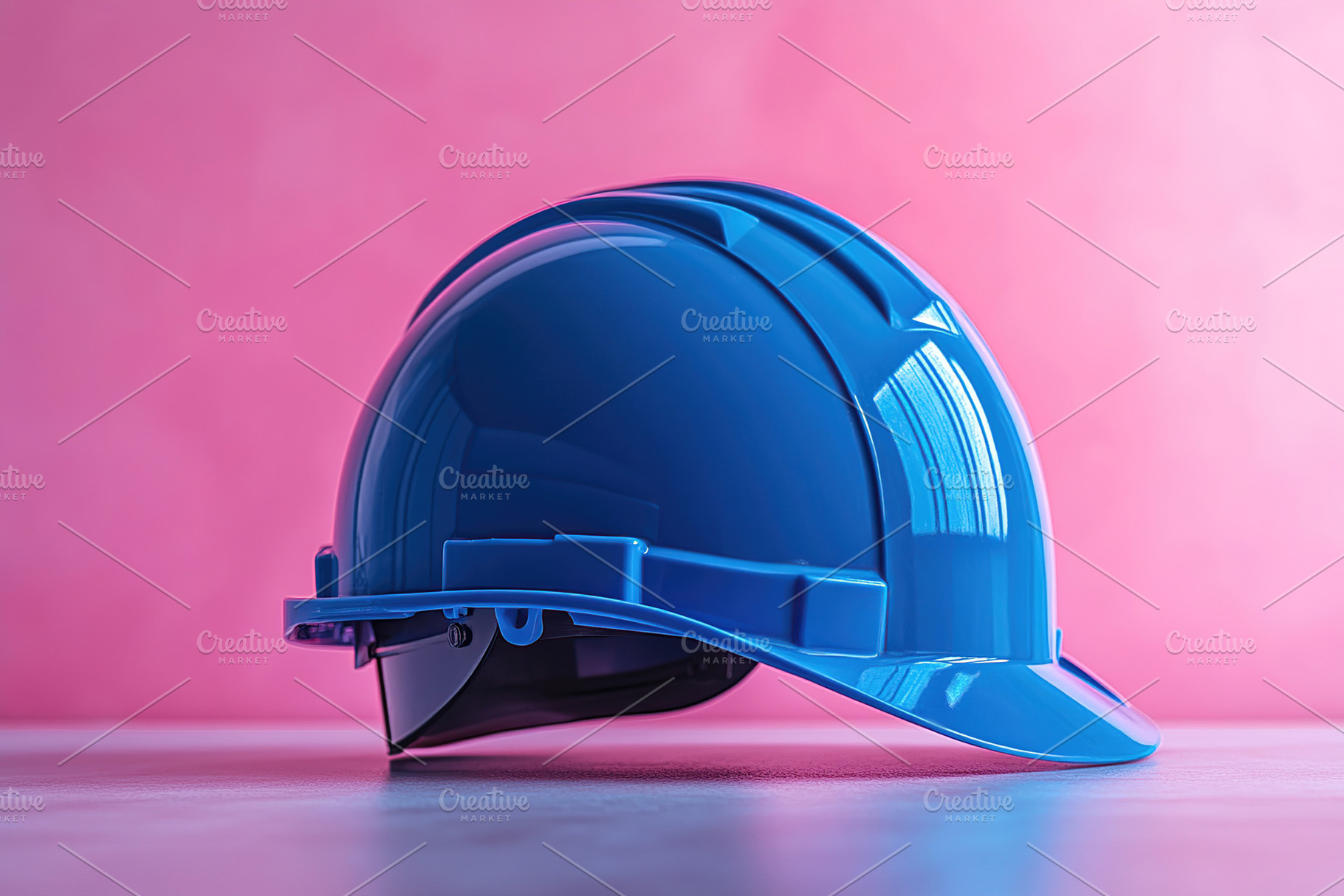 Blue safety helmet on a smooth surface with pink background in i, an Industrial Photo by AlyaAnd