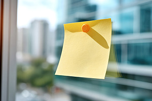 Bright oversized sticky note attached to a glass window in an urban office sett, a Photo by AlyaAnd