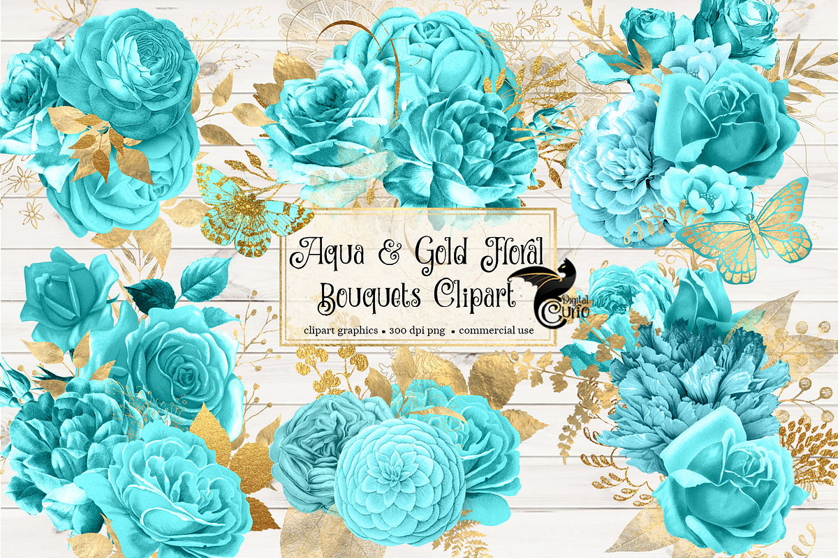 Aqua and Gold Floral Clipart, an Illustration by Digital Curio