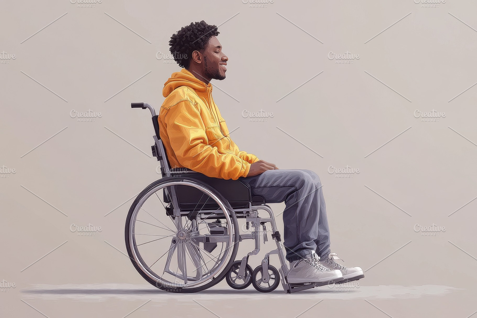 Person in a wheelchair wearing a bri, a Photo by Tanuart