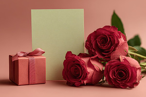 Red roses gift box and blank card ro, a Photo by Pixeness Studio