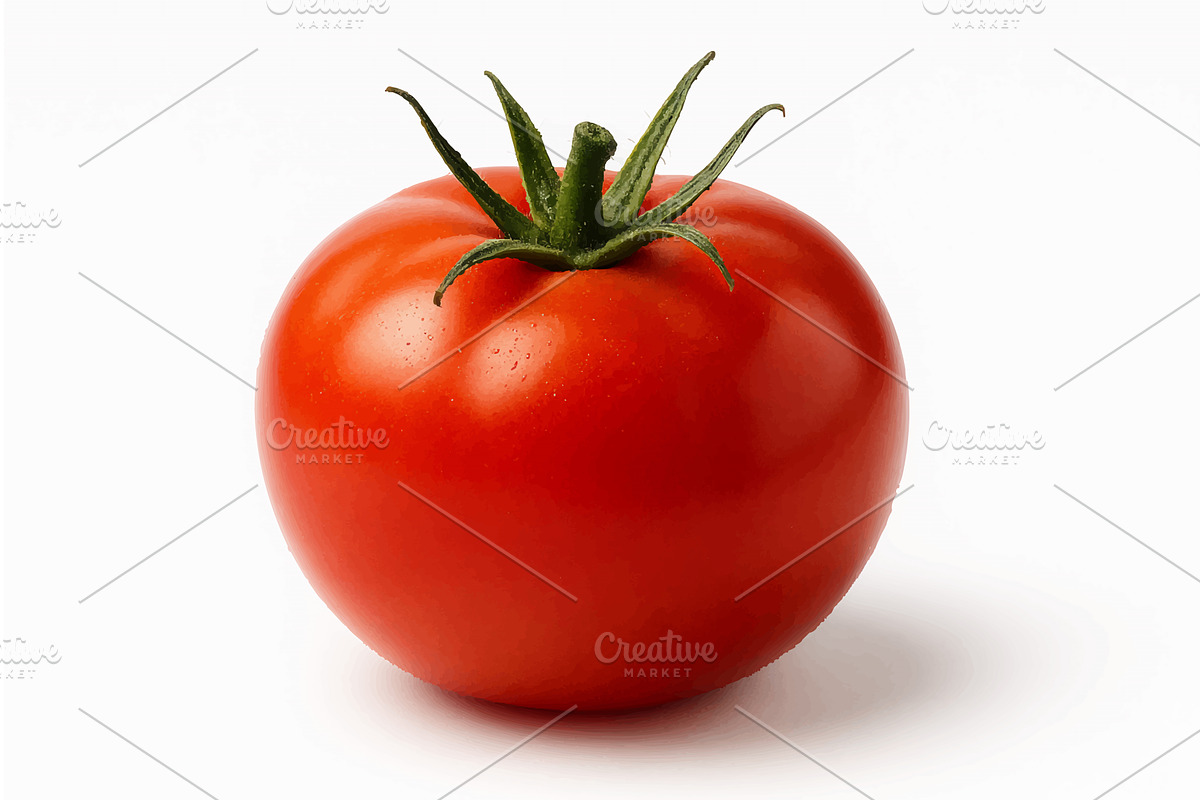 Ripe Red Tomato with Stem on White, a Food Illustration by AlexArt