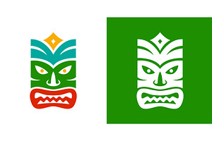 Polynesian tiki mask in green and, an Illustration by GraphiShop