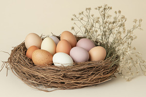 Colorful eggs in a natural nest, a Photo by Beautiful things