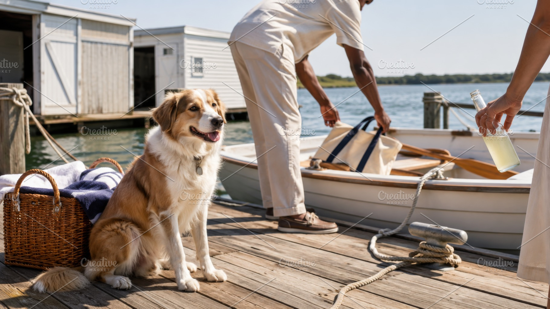 Dog sitting on dock near people prep, a Photo by Dvoevnore photos
