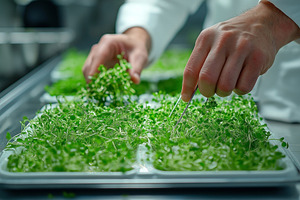A chef in a white uniform carefully harvests microgreens, showcasing freshness, a Person Photo by ImageMir