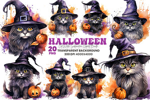 Watercolor Halloween Cat PNG Bundle