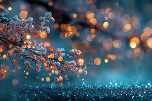 Frosted Winter Branch with Warm Bokeh Lights and Blue Copy Space, a Background Photo by José Manuel Gelpi