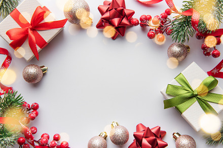 Christmas background with fir tree and decor. Top view with copy, a Holiday Photo by Olena Rudo