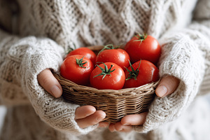 Fresh red tomatoes in wicker basket, a Food & Drink Photo by MistyDay