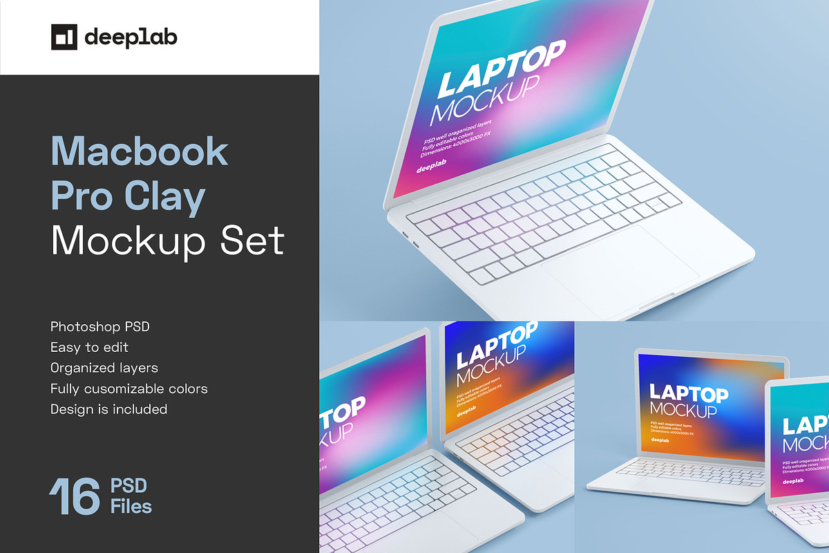 Macbook Pro Clay Mockup set, a Device Mockup by Deeplab (Photo 1 of 19)