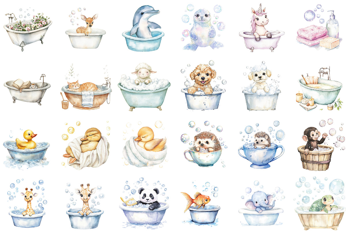 Bath Time Animals  Watercolor Clipar, an Illustration by Sublimation Artist (Photo 2 of 6)