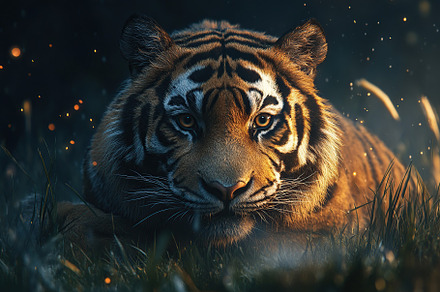 A powerful tiger quietly moves through the soft grass, surrounded by twilight s, an Animal Photo by AlyaAnd