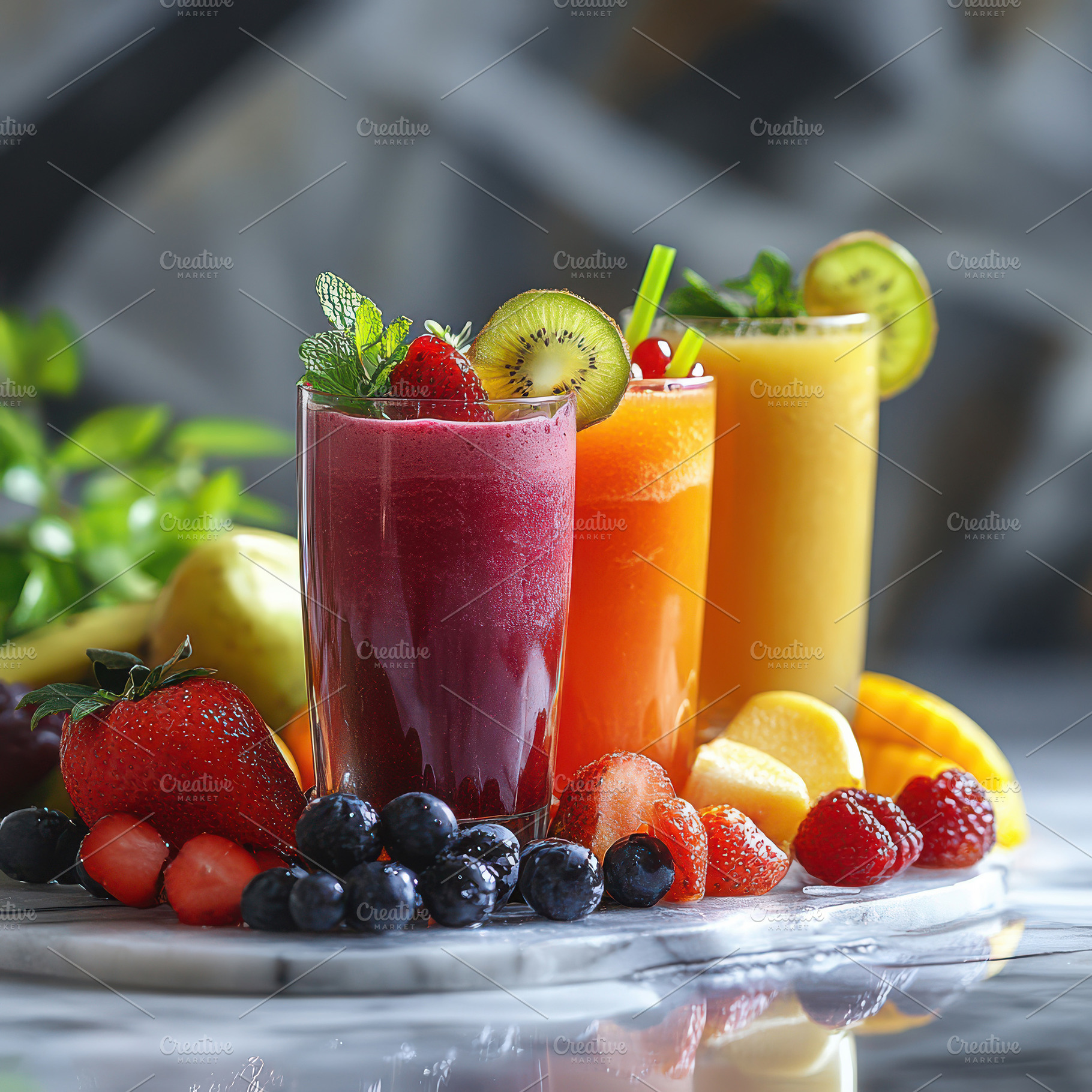 Refreshing fruit smoothies in glasse, a Food & Drink Photo by Pixeness Studio