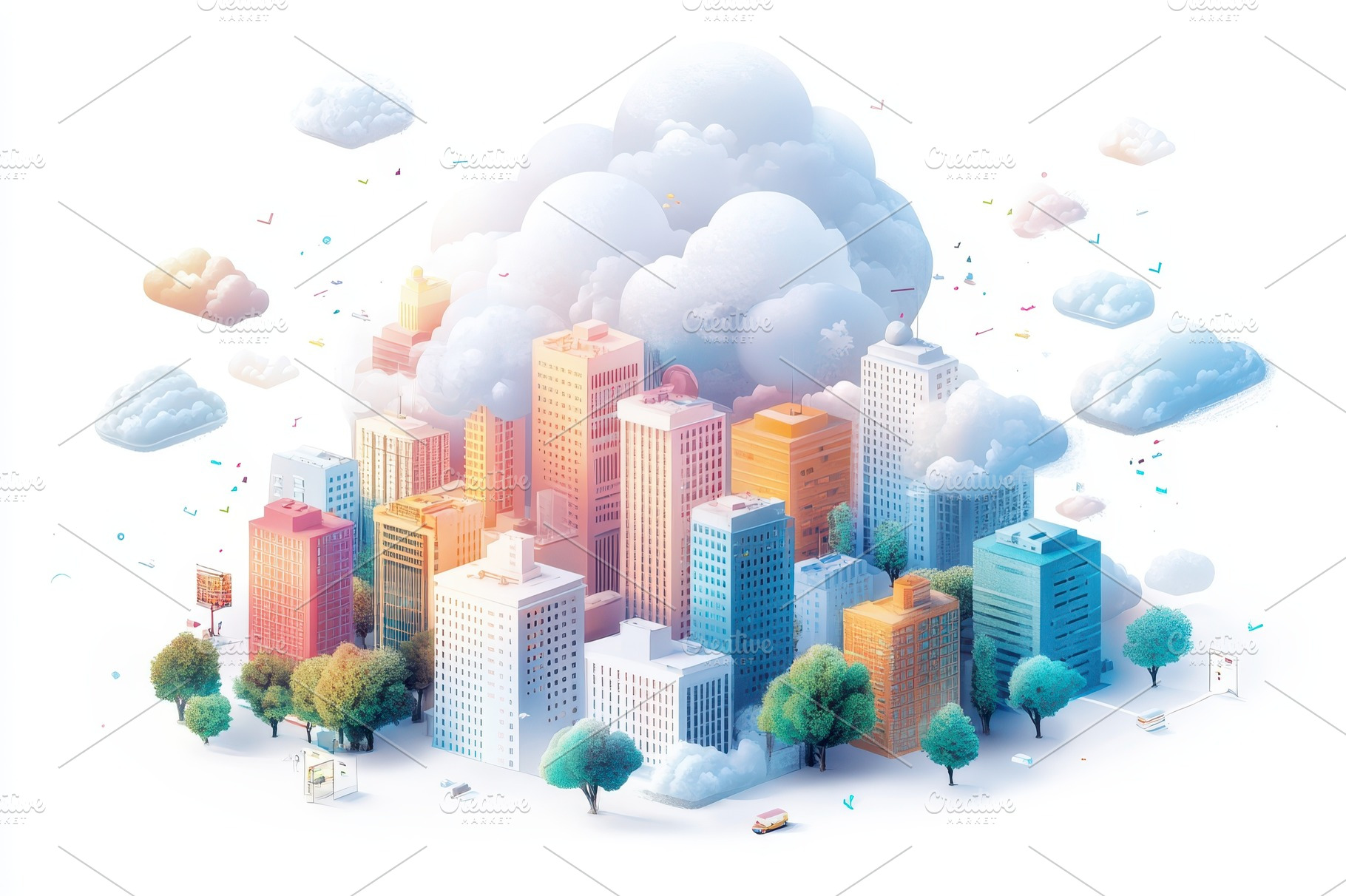 Colorful Cityscape in Clouds Digital, an Abstract Photo by Pixeness Studio