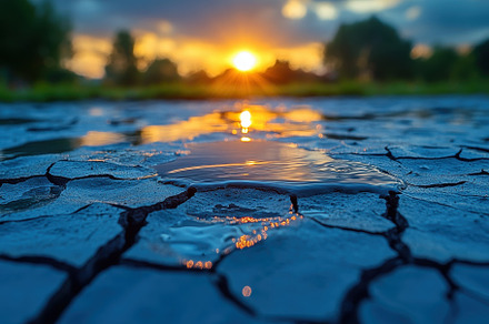 Sunset reflection on cracked ground, a Photo by Tanuart