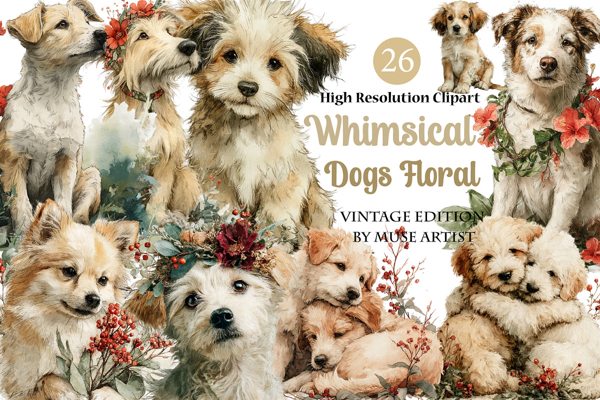 Whimsical Dogs Floral Clipart, an Illustration by DreamArtGraphic (Photo 1 of 4)