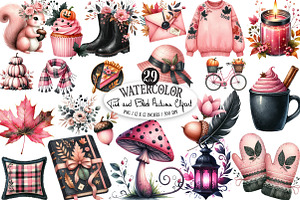 Watercolor Pink and Black Autumn PNG, an Illustration by Designking