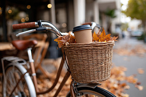 Bicycle parked with coffee and autumn leaves beside a modern cafe on a crisp da, a Photo by AlyaAnd
